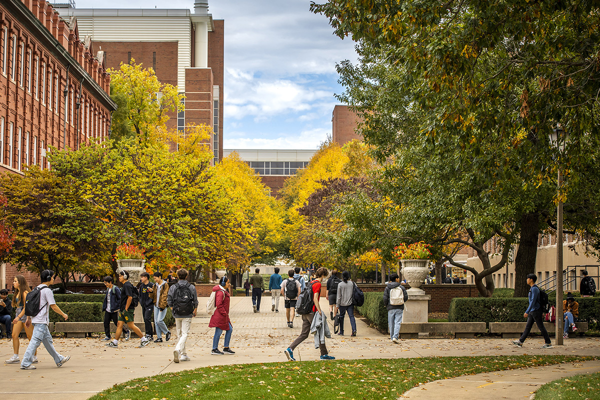 Students walking on campus on a fall day